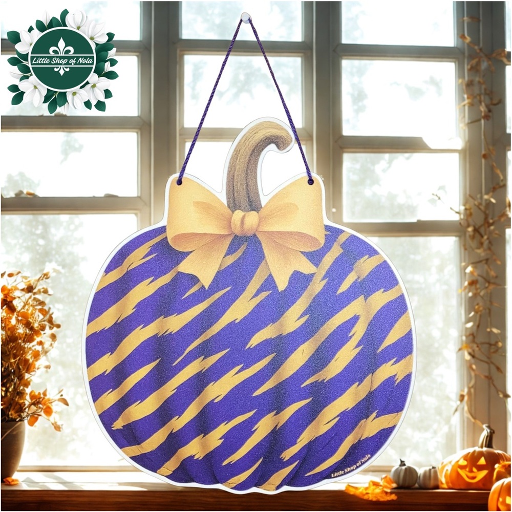Purple Gold Tiger Stripes Bow Pumpkin Louisiana Holiday Decor Fall Door Hanger
